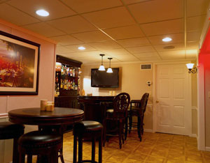 A finished basement TV room in Albany